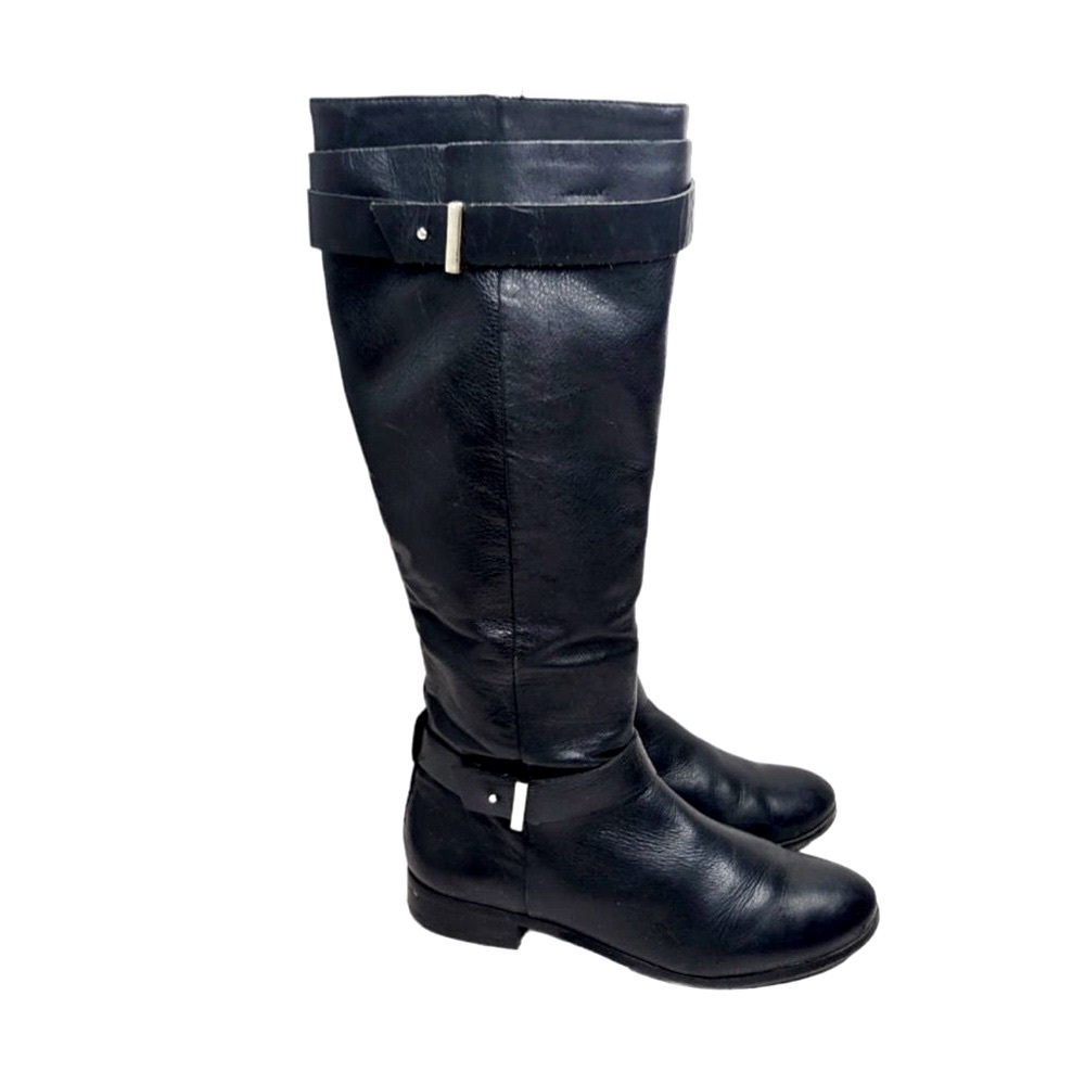 Ann Taylor Black Pebbled Leather Low Heel Tall Riding Boots Goldtone Buckles 6.5